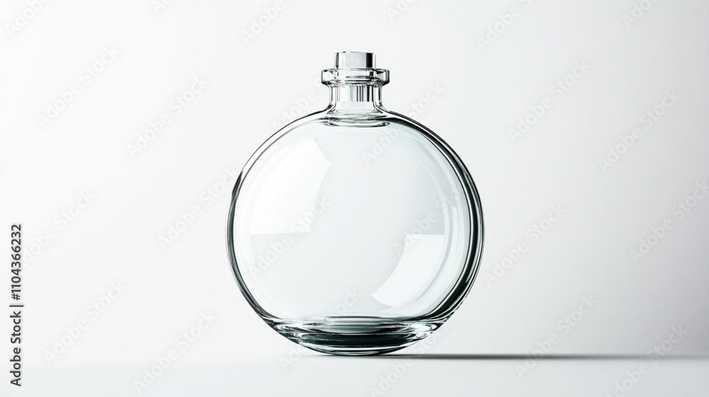 Transparent round glass bottle with a screw cap on a plain white background, showcasing elegant simplicity and minimalist design. Transparent round glass bottle with a screw cap on a plain white background, showcasing elegant simplicity and minimalist design.