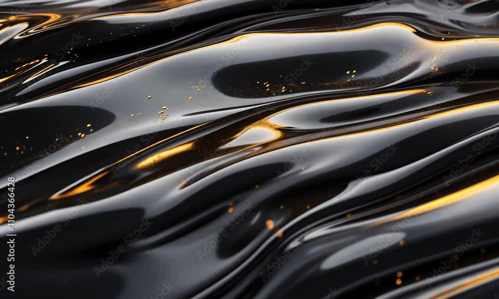 Abstract Black and Gold Liquid Waves with Reflective Surface and Sparkling Highlights Abstract Black and Gold Liquid Waves with Reflective Surface and Sparkling Highlights