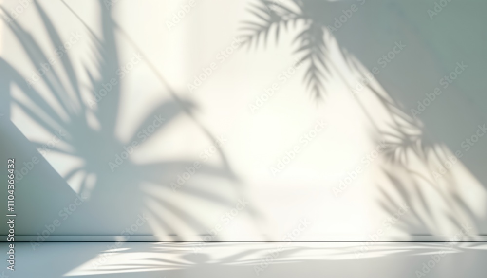 Sunlight casts soft shadows of tropical leaves on white wall. Minimalist backdrop creates serene, tranquil ambiance. Simple design perfect for various applications. Ideal for displaying products, Sunlight casts soft shadows of tropical leaves on white wall. Minimalist backdrop creates serene, tranquil ambiance. Simple design perfect for various applications. Ideal for displaying products,