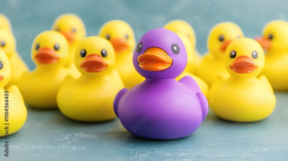 Think different unique ideas and creativity concept. Fun Yellow Duck Toys with One Purple Duck Think different unique ideas and creativity concept. Fun Yellow Duck Toys with One Purple Duck