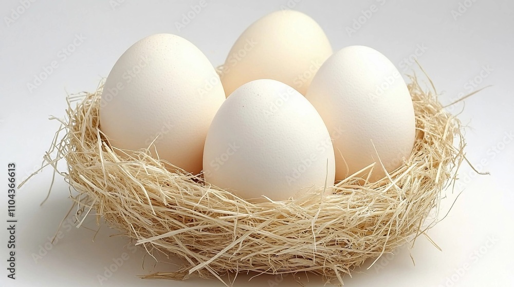 White eggs resting gently in a nest made of straw on a light background White eggs resting gently in a nest made of straw on a light background