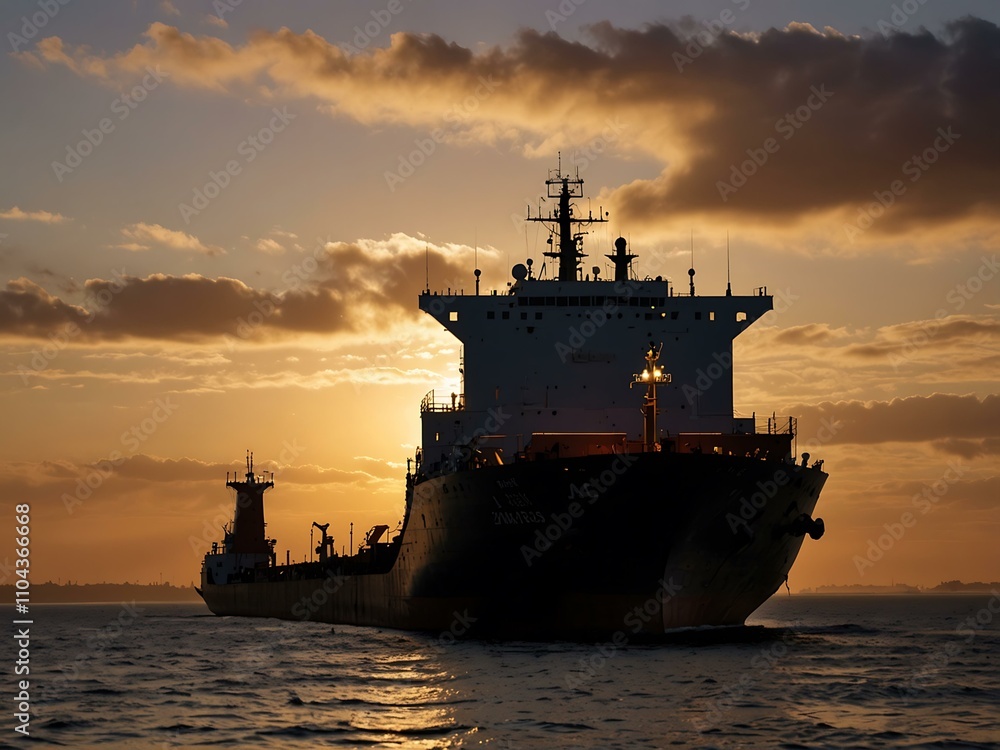 Fototapeta premium Cargo ship silhouetted at sunset.