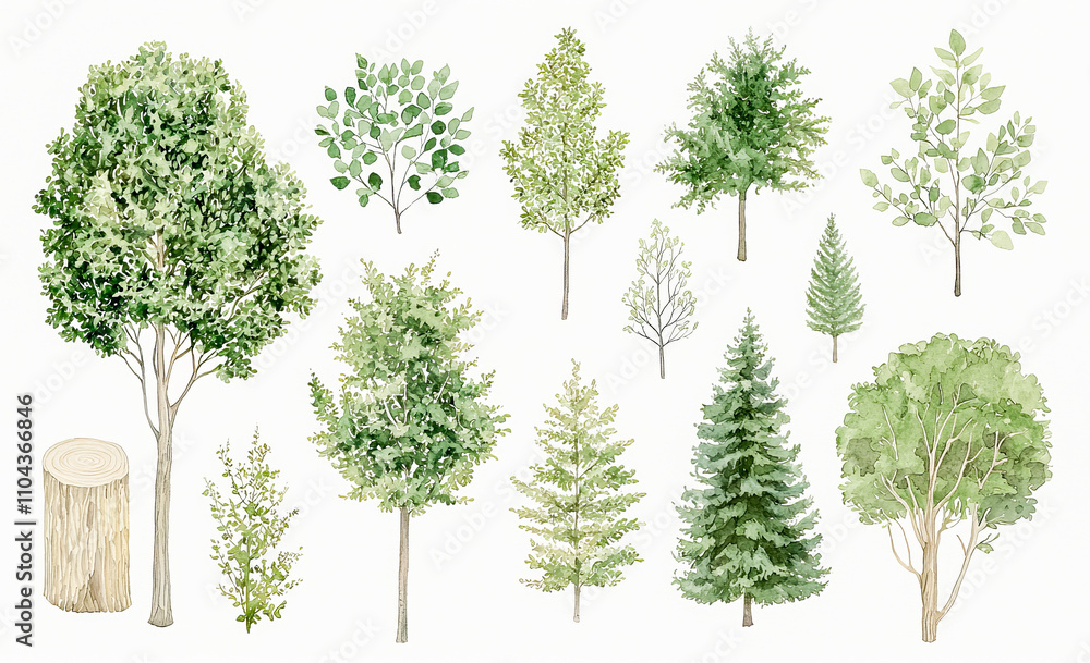 Obraz premium Diverse collection of hand-painted green trees in watercolor style