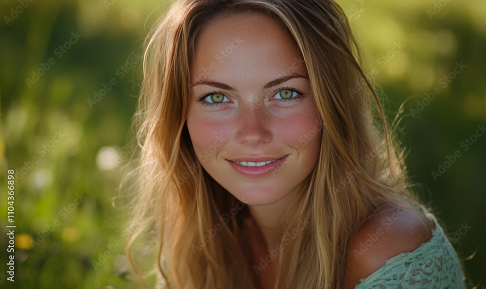 Naklejka premium A woman with long blonde hair and green eyes is smiling at the camera
