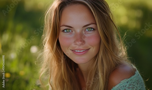 A woman with long blonde hair and green eyes is smiling at the camera