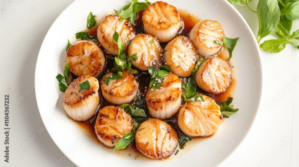 新鮮なハーブを添えた美味しいホタテのソテーは、料理のインスピレーションとなる白い皿に盛り付けられています。