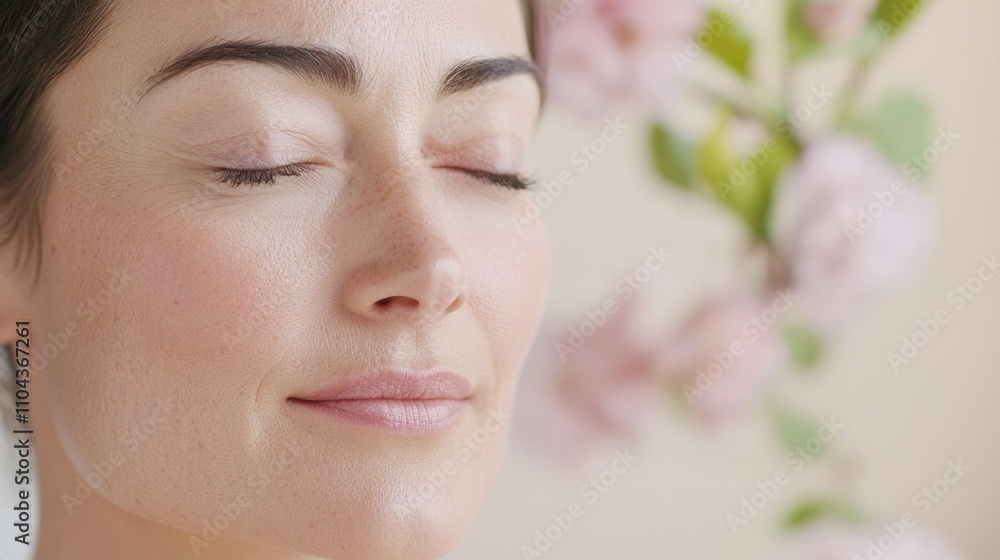 Serene Youthful Beauty - Close-Up Portrait of Woman with Radiant Skin and Delicate Flowers in Soft Lighting | Concept of Anti Aging and Tranquility Serene Youthful Beauty - Close-Up Portrait of Woman with Radiant Skin and Delicate Flowers in Soft Lighting | Concept of Anti Aging and Tranquility