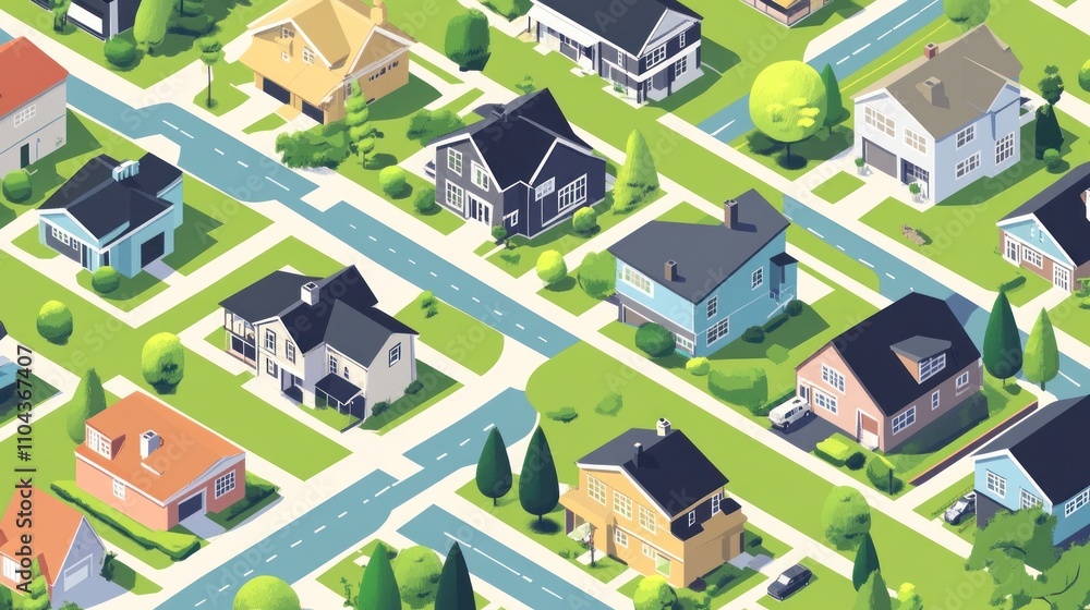 Fototapeta premium Isometric Suburban Neighborhood: A Bird's Eye View of Residential Houses