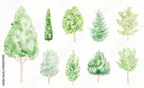 Collection of watercolor trees in various shapes and sizes photo