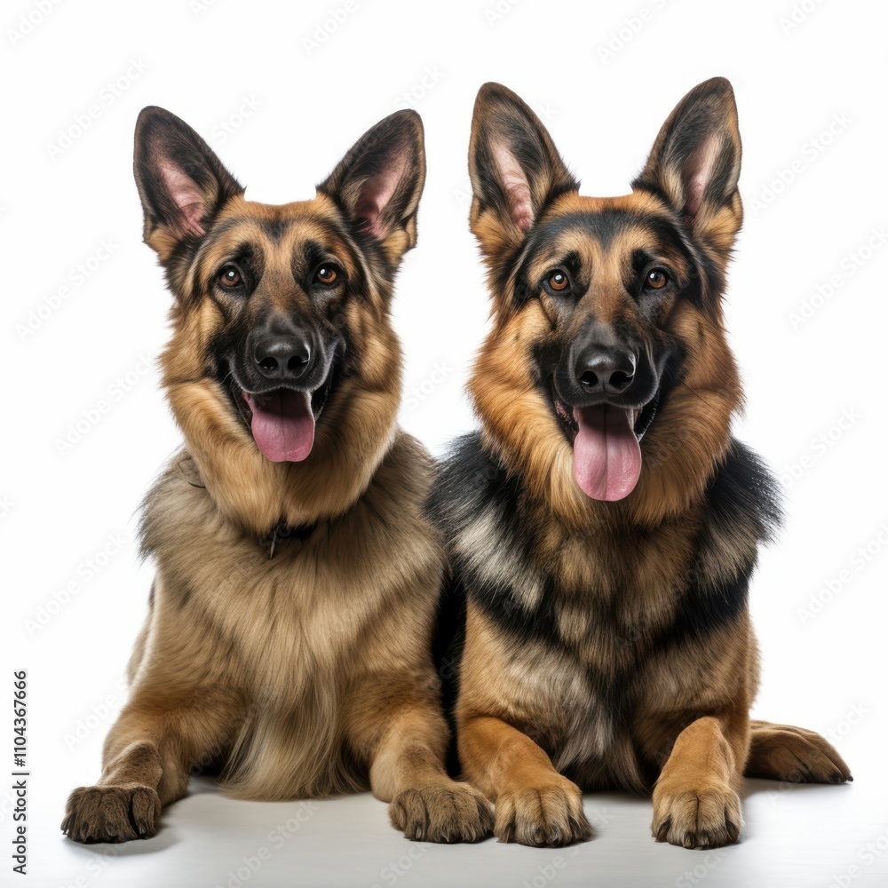 Two cheerful German Shepherds sitting side by side, showcasing their playful personalities and striking features. Two cheerful German Shepherds sitting side by side, showcasing their playful personalities and striking features.