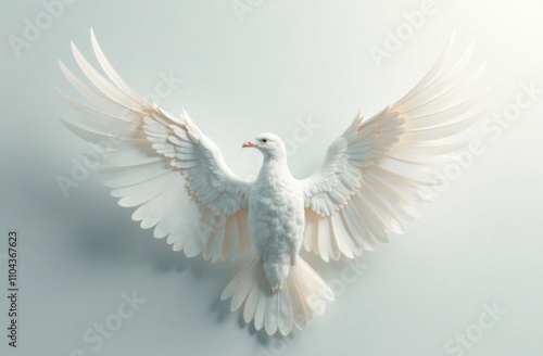 A stunning white bird gracefully spreads its wings, exuding tranquility and elegance against a soft light backdrop. Generative AI photo