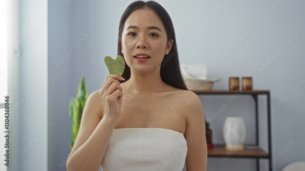Beautiful young woman holding green heart-shaped jade stone in a wellness spa room, showcasing an attractive serene environment indoors. Beautiful young woman holding green heart-shaped jade stone in a wellness spa room, showcasing an attractive serene environment indoors.