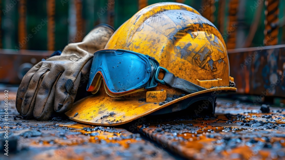 A yellow hard hat with a blue visor is laying on the ground A yellow hard hat with a blue visor is laying on the ground