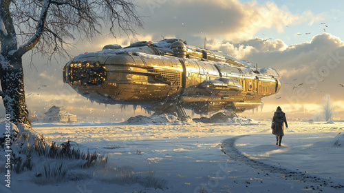 Futuristic spaceship landed on a snowy landscape with a lone figure walking toward it, golden light and winter atmosphere