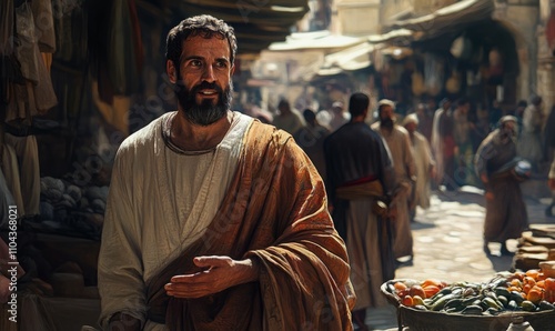 A figure resembling the biblical Paul speaking earnestly, dressed in traditional robes, set in an ancient marketplace