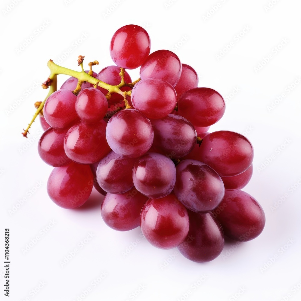 A vibrant cluster of red grapes on a white background, showcasing their glossy texture and rich color. A vibrant cluster of red grapes on a white background, showcasing their glossy texture and rich color.