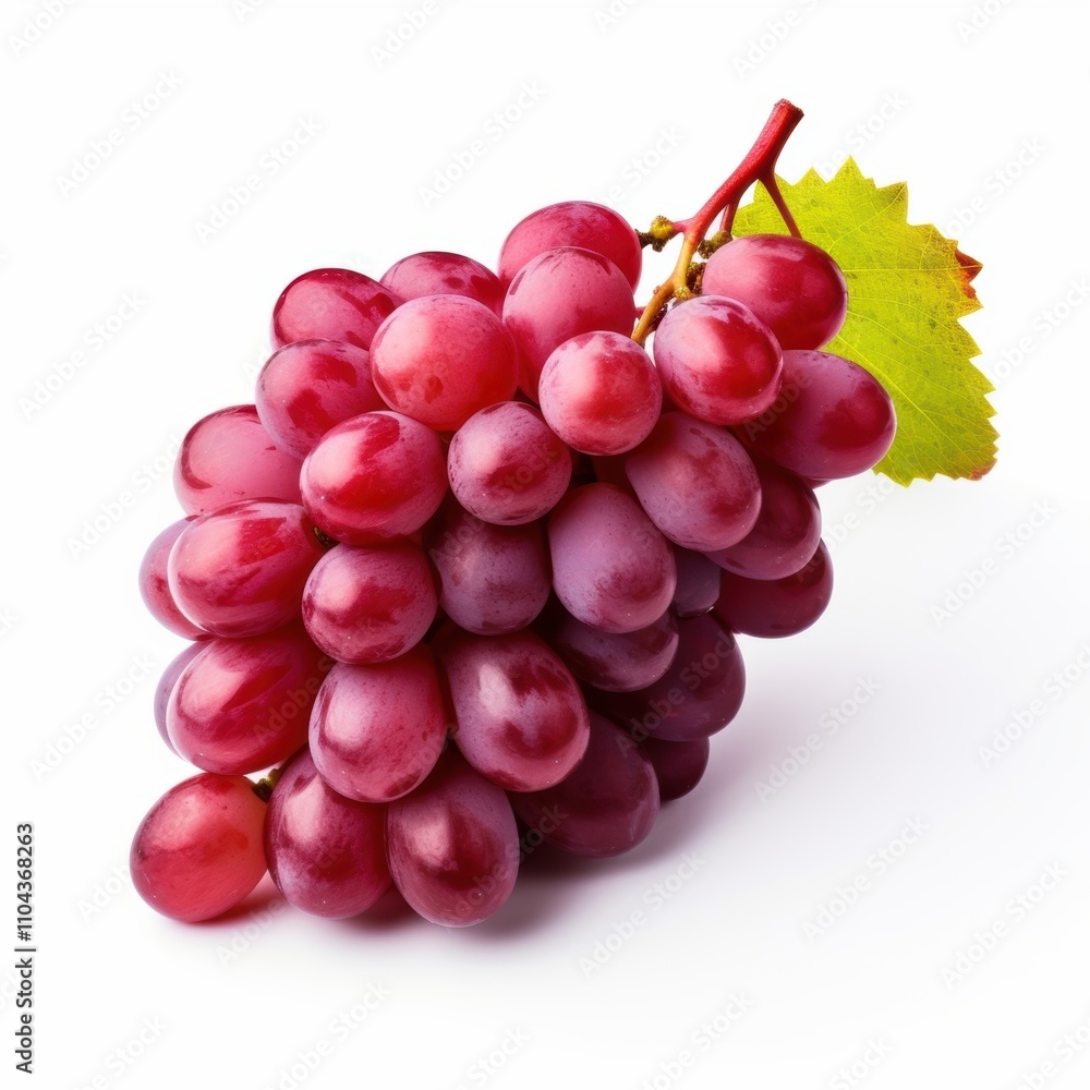 Close-up of a cluster of fresh red grapes with a vibrant green leaf. Close-up of a cluster of fresh red grapes with a vibrant green leaf.
