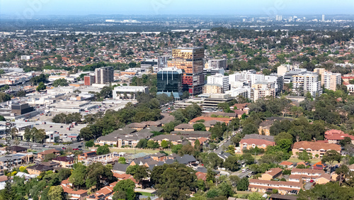 Photography Low aerial drone view of the east side of Bankstown cbd in Sydney NSW, Australia