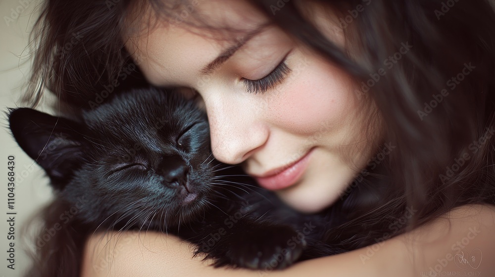 Tender Moment Between Girl and Black Cat in Soft Embrace Tender Moment Between Girl and Black Cat in Soft Embrace