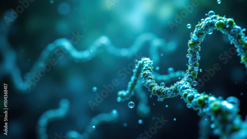 A microscopic view of semaglutide within a biological environment with floating cells and blue bubbles, showcasing its structure and interaction.