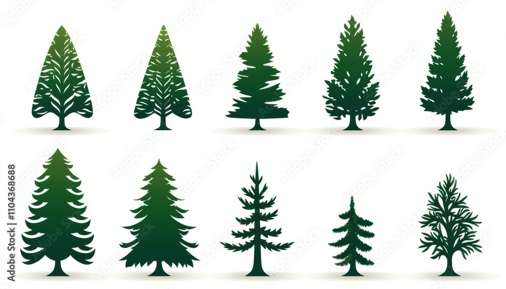 Collection of various evergreen trees in silhouette against a light background. Collection of various evergreen trees in silhouette against a light background.