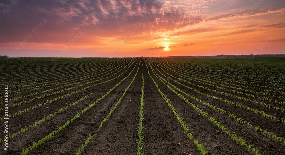 Sunset over cultivated farmland with rows of green seedlings, symbolizing agriculture, progress, and sustainable growth Sunset over cultivated farmland with rows of green seedlings, symbolizing agriculture, progress, and sustainable growth