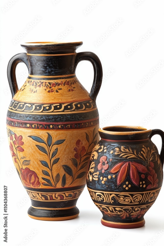 Two ornate, painted pottery vessels. Two ornate, painted pottery vessels.