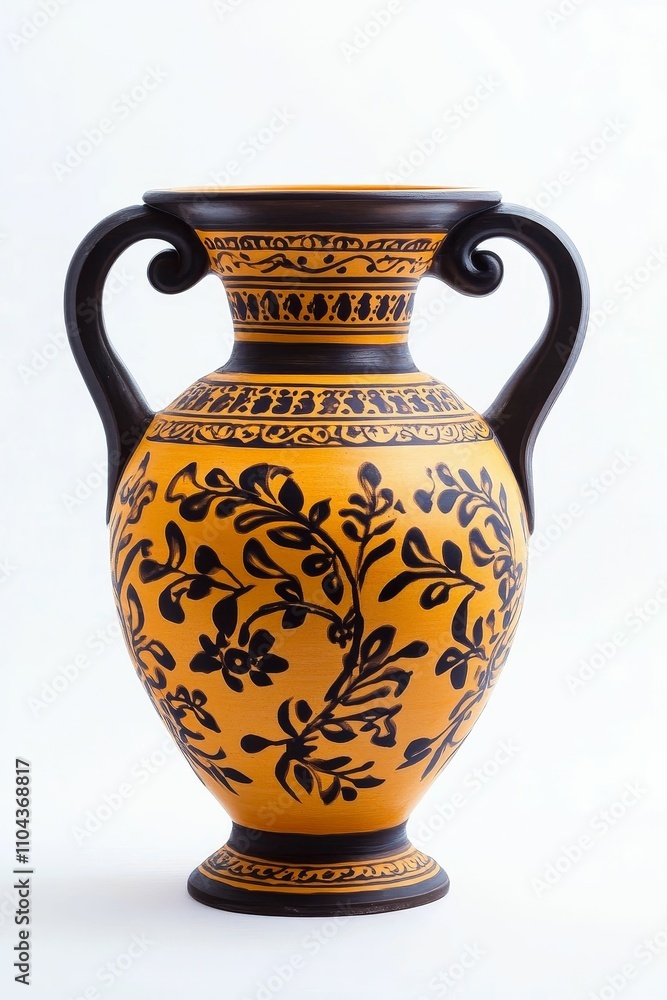 Ornate, two-handled vase; amber, dark floral pattern. Ornate, two-handled vase; amber, dark floral pattern.