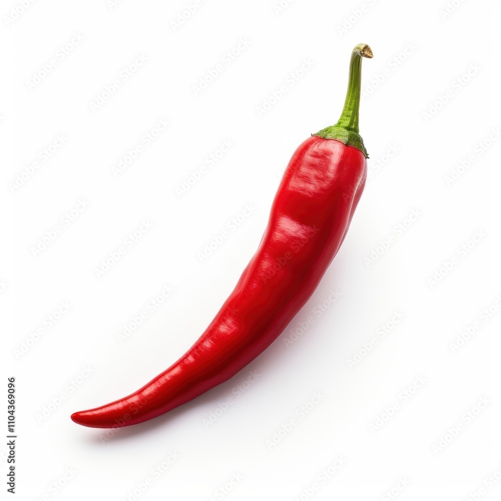 A vibrant red chili pepper displayed against a clean white background, showcasing its smooth skin and elongated shape. A vibrant red chili pepper displayed against a clean white background, showcasing its smooth skin and elongated shape.