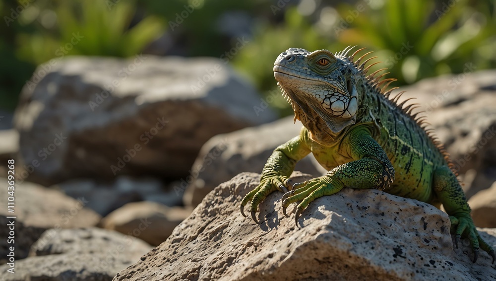 Cartoon iguana basking on a rock. Cartoon iguana basking on a rock.
