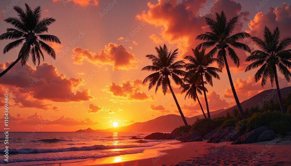Silhouettes of Palm Trees by the Sea at Sunset Silhouettes of Palm Trees by the Sea at Sunset