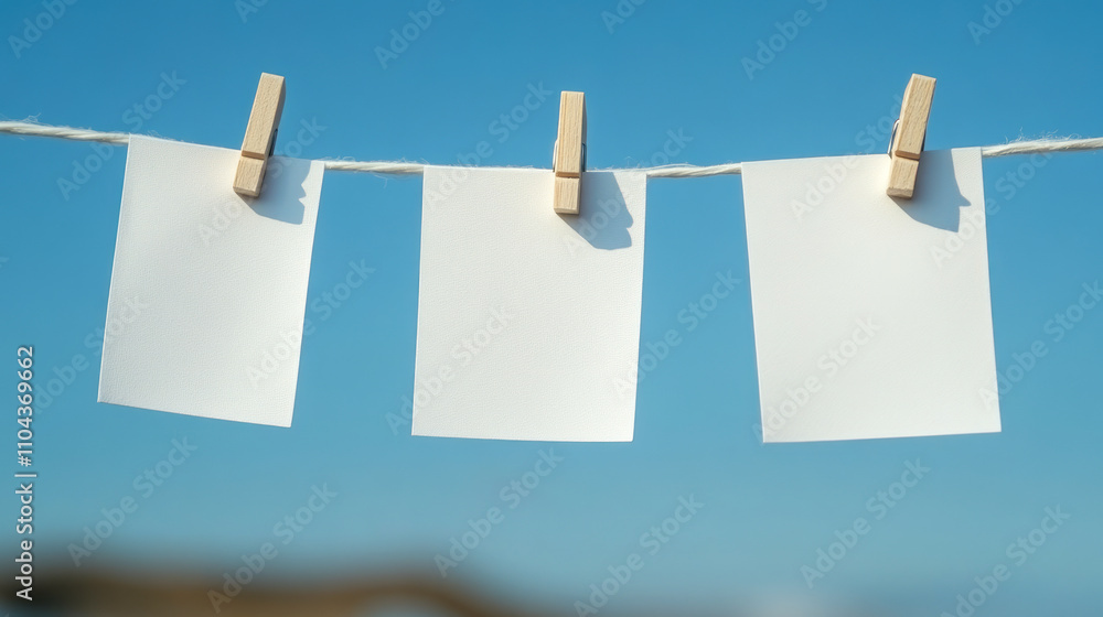 Blank paper sheets hanging on clothesline against clear blue sky Blank paper sheets hanging on clothesline against clear blue sky
