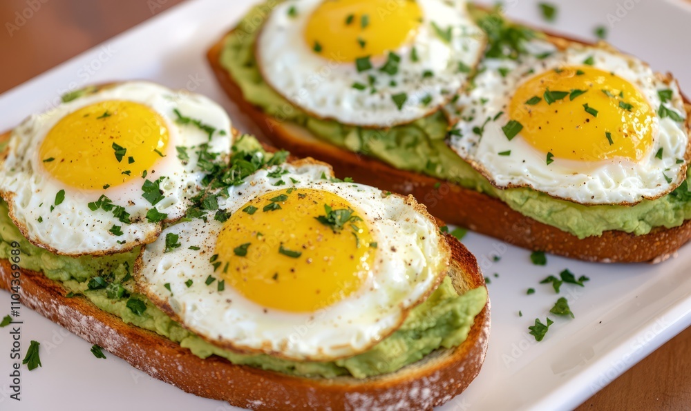 Avocado toast with fried eggs, sprinkled with fresh herbs, arranged on a white platter. Healthy breakfast or brunch concept. Avocado toast with fried eggs, sprinkled with fresh herbs, arranged on a white platter. Healthy breakfast or brunch concept.