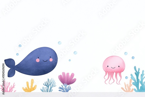 Cute underwater illustration with whale and jellyfish, isolated on white background, marine-themed cartoon, playful sea animals, coral reef decorations, ocean life for kids.

