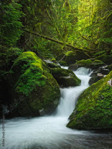Small stream flowing through moss-covered rocks in a dense forest, illuminated by soft sunlight filtering through the trees. Generative AI