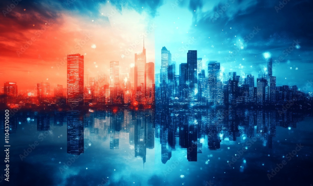 A cityscape is shown in a futuristic style with a blue and red background A cityscape is shown in a futuristic style with a blue and red background