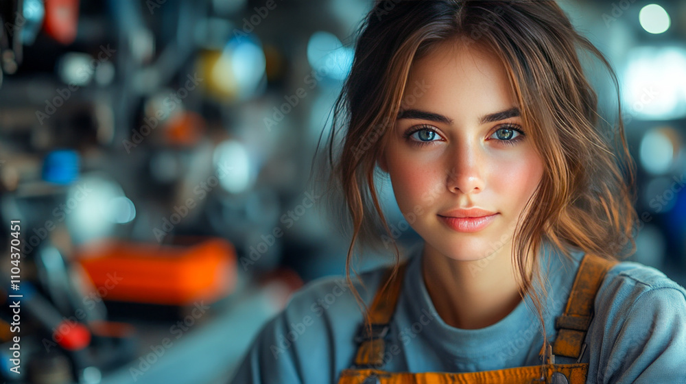 Young caucasian female in workshop setting with focused expression and overalls Young caucasian female in workshop setting with focused expression and overalls
