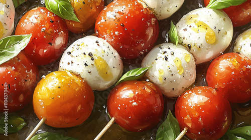 Caprese Skewers Illustration in Painterly Style With Vibrant Colors