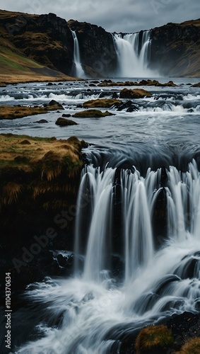 Cascading waterfall in Iceland.