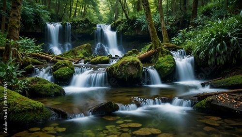 Cascading waterfalls in a lush forest.