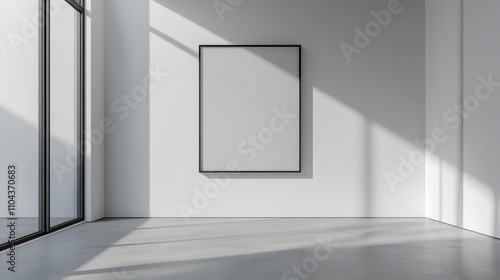 Artistic Gallery Hallway: Pristine White Walls with Large Vertical Poster, Subtle Lighting and Geometric Shadows, Museum-Quality Photography.