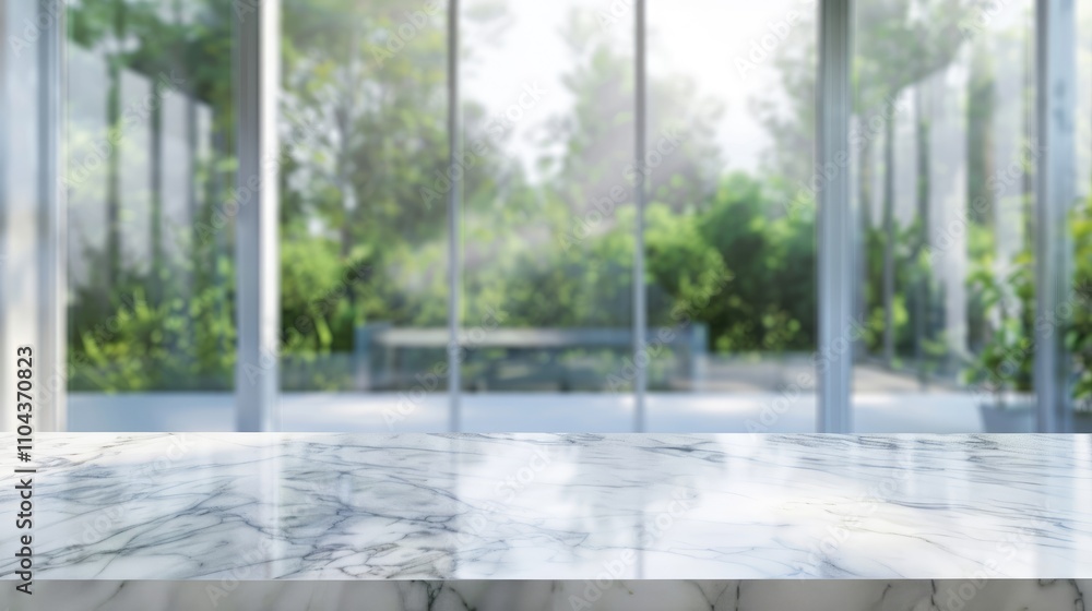 Mockup Background with White Marble Table and Blurred Glass Window: Ideal for Product Display
