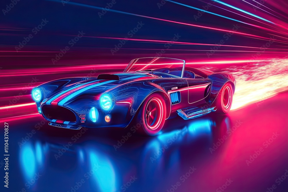 Fast moving classic car with blue and red glowing neon lights running at high speed Fast moving classic car with blue and red glowing neon lights running at high speed