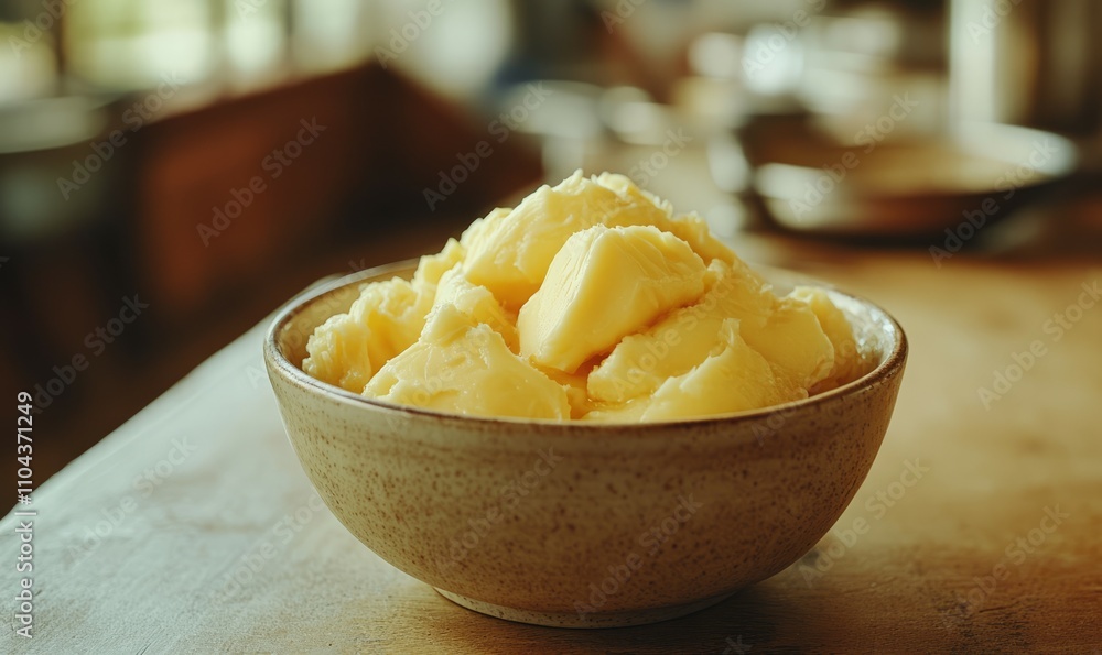 A bowl of yellow butter is sitting on a wooden table A bowl of yellow butter is sitting on a wooden table