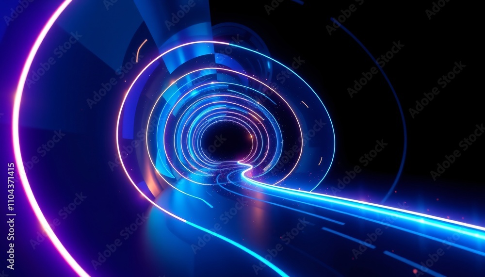 Obraz premium Tunnel that stretches infinitely with its walls made of glowing, holographic panels. The panels should emit neon colors blue, purple, and gold and their edges should pulse with light. 