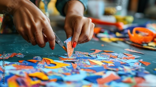 A Close-up View of Hands Cutting Colorful Paper Pieces for an Art Project