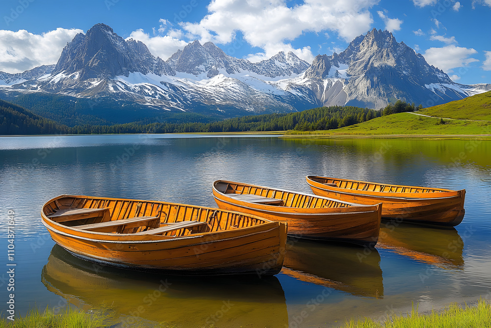 Three wooden boats on a lake with snow-capped mountains in the background. Beautiful natural landscape. Three wooden boats on a lake with snow-capped mountains in the background. Beautiful natural landscape.