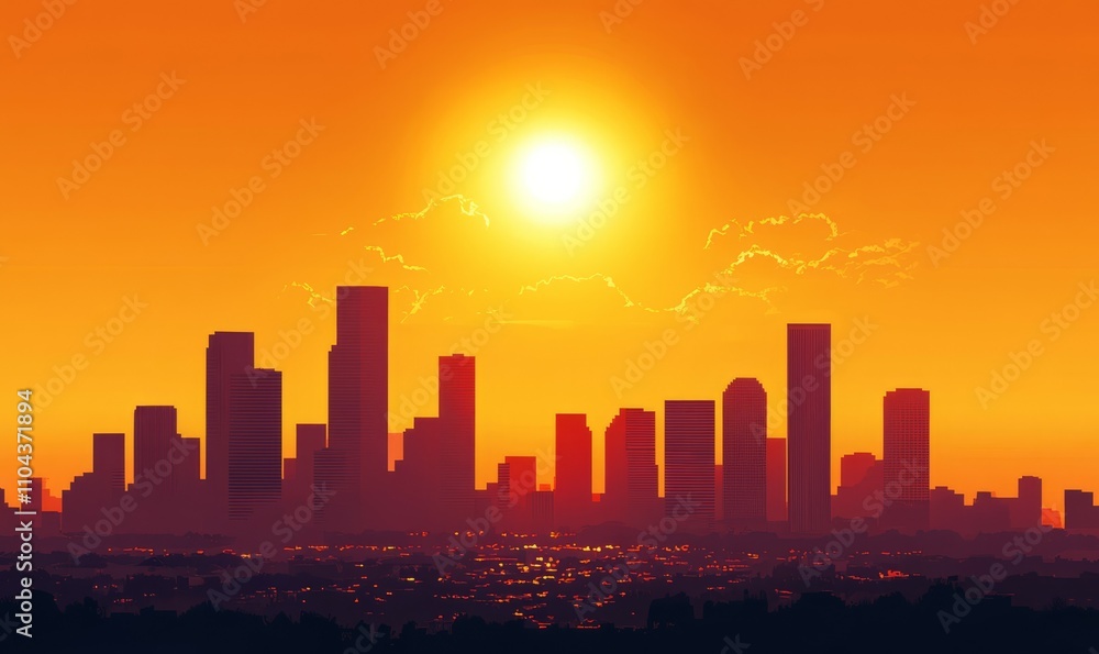 Obraz premium A city skyline with a bright orange sunset in the background