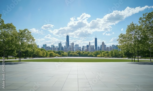A city skyline is visible from a large open space