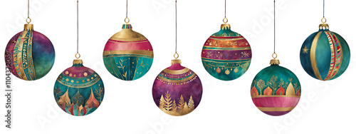 Seven cut paper illustrations of boho baubles in bold colours